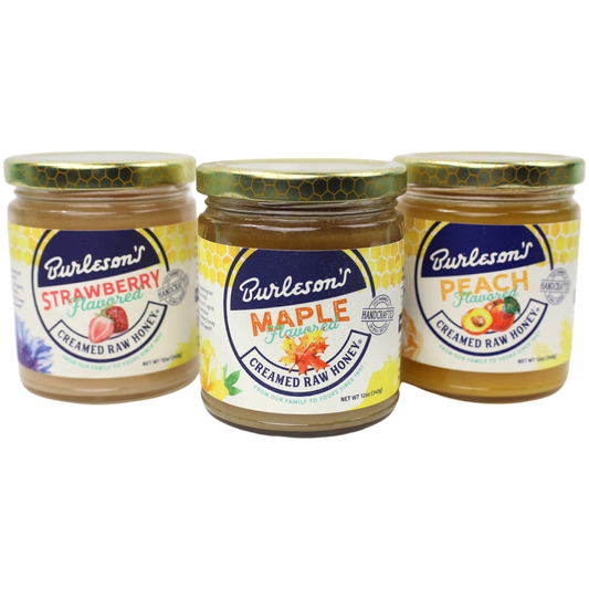 Burleson's Flavored Creamed Raw Honey, 12 Pack Variety (4 Strawberry, 4 Maple, 4 Peach)