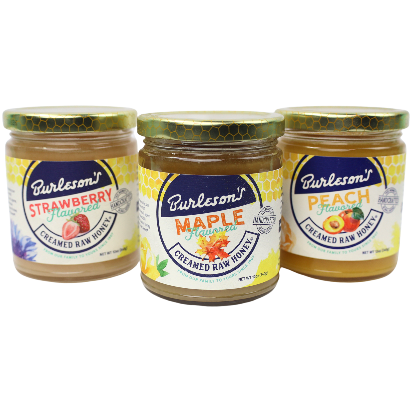 Burleson's Flavored Creamed Raw Honey, 12 Pack Variety (4 Strawberry, 4 Maple, 4 Peach)